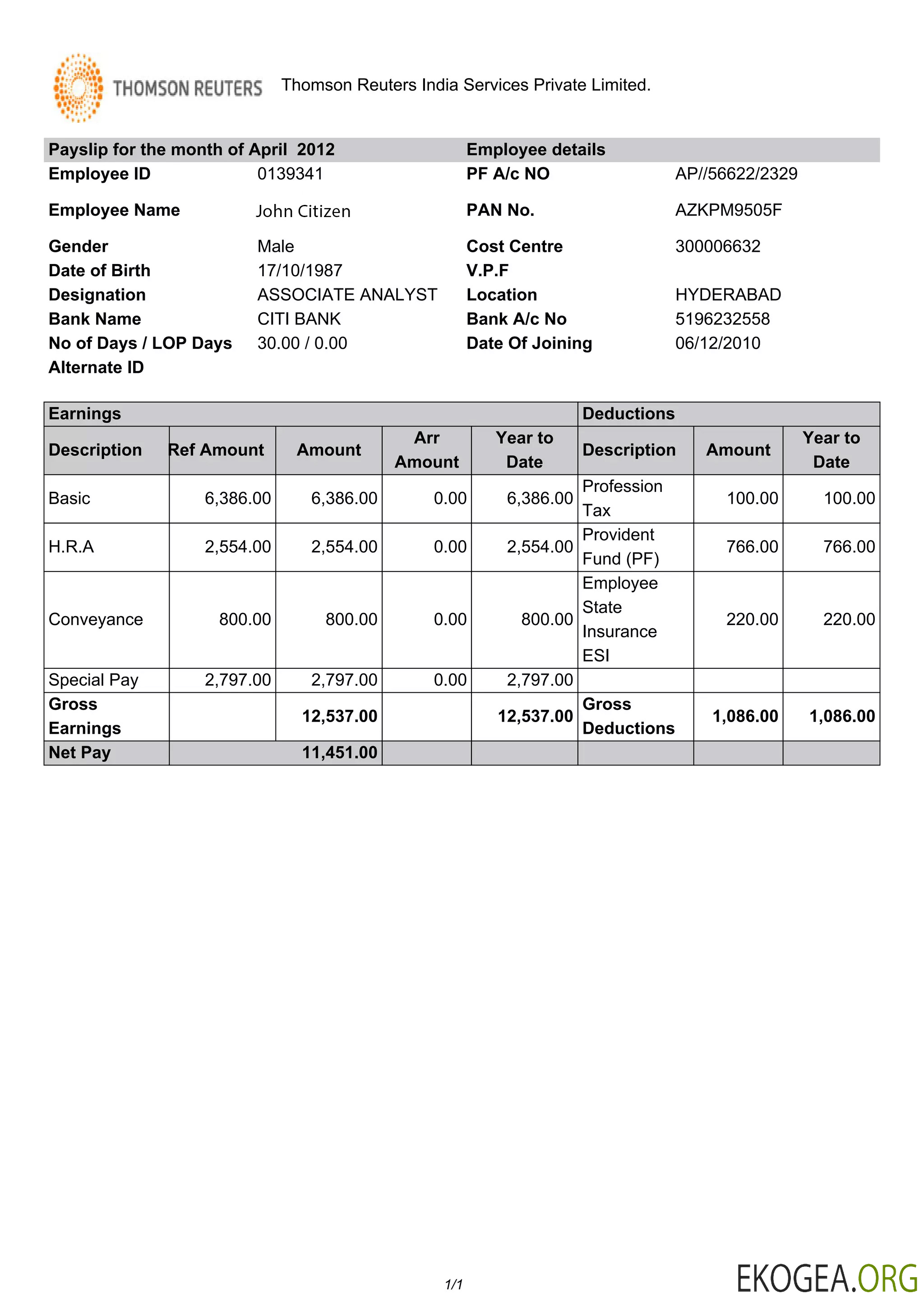INDE THOMSON Reuters India Services Private Limited Modèle de fiche de paie aux formats Word et PDF
